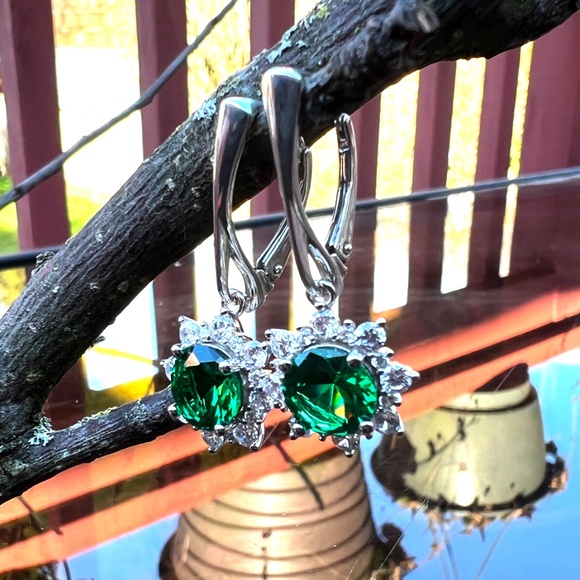 Halo Emerald Earrings Sterling Silver 925 , May Birthstone - Picture 9 of 11